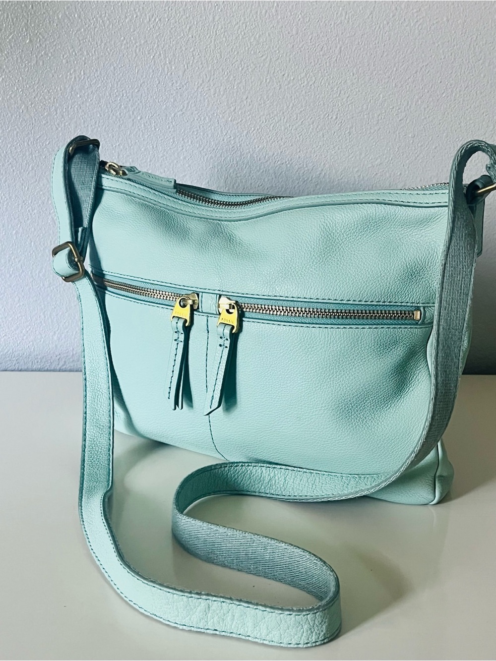 FOSSIL Elise Leather 12” Crossbody Shoulder Bag Purse Misty Jade Green doublezip